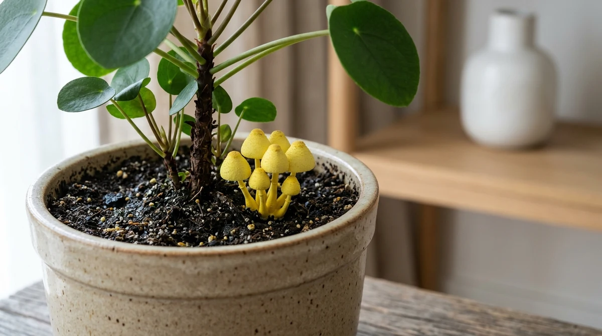 Kleine gele paddenstoeltjes van Leucocoprinus birnbaumii groeiend uit de potgrond naast een kamerplant