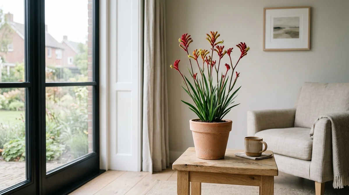 Kangoeroepoot met fluwelige rode en gele buisbloemen in een terracotta pot bij een zonnig raam