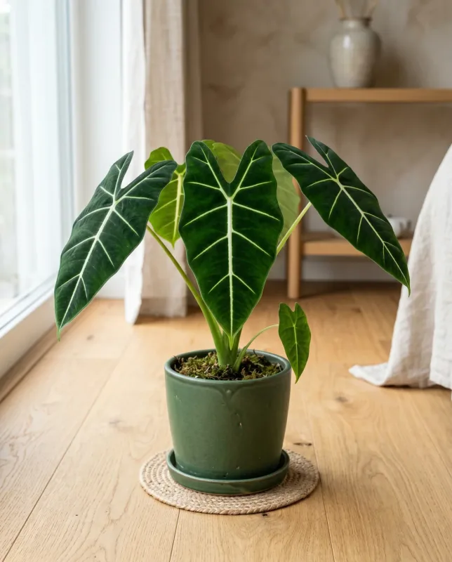 Alocasia Frydek met fluwelig donkergroen blad