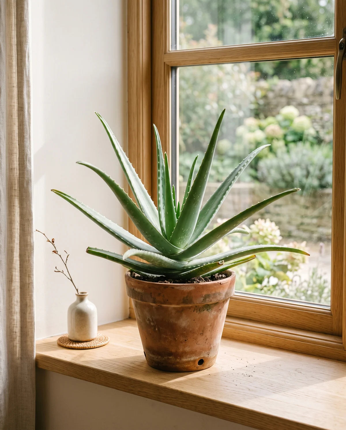 Aloe vera met dikke grijsgroene rozetbladeren en zachte tandjes langs de rand in een terracotta pot