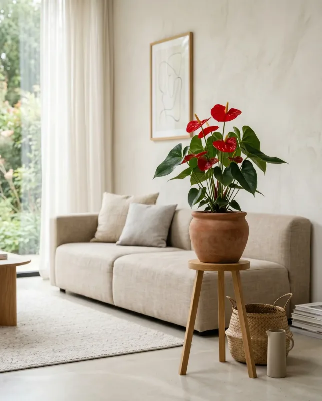 Anthurium met glanzend rood schutblad en gele bloeiwijze