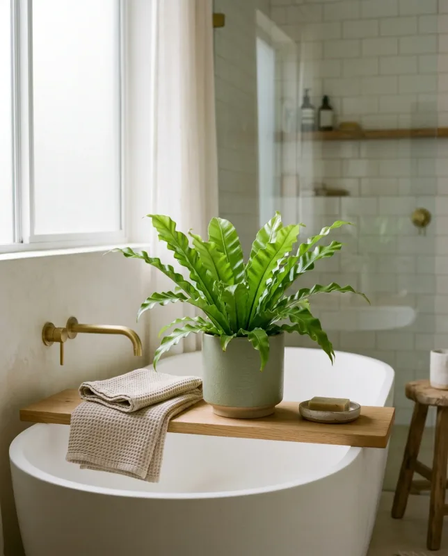 Asplenium nidus (nestvaren) met brede, golvende lichtgroene bladeren