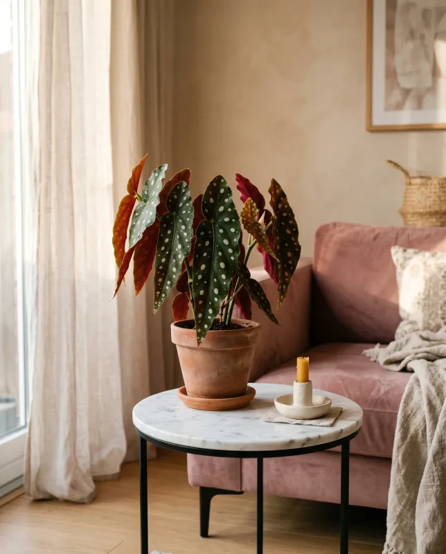 Begonia maculata met zilverwitte stippen op donkergroen blad