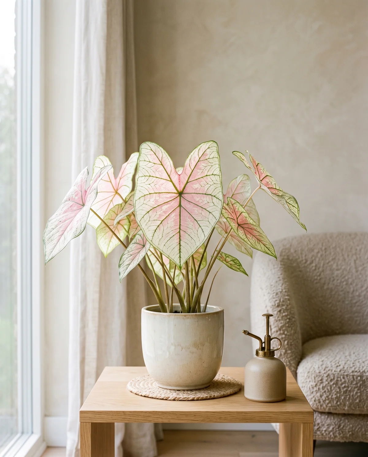 Caladium met dunne hartvormige bladeren in wit, roze en groen in een lichte pot, met daglicht dat door het blad schijnt