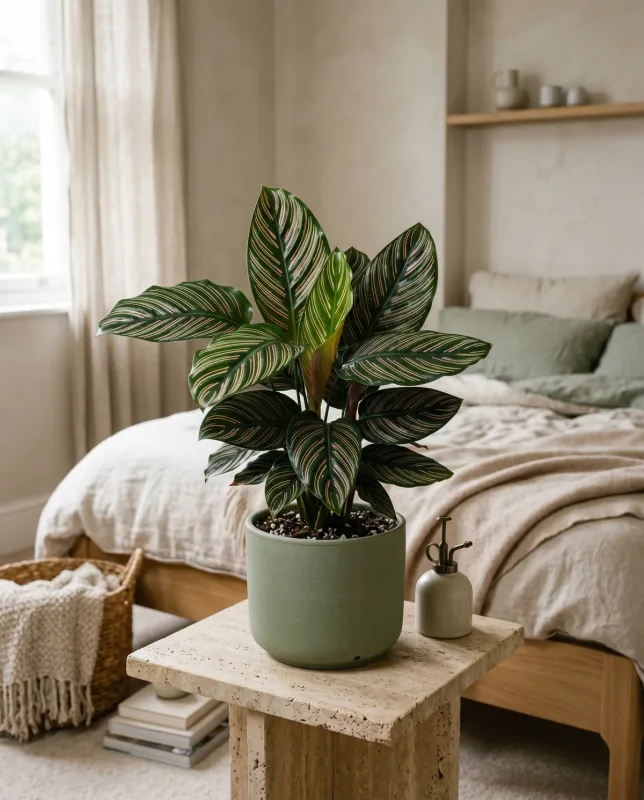 Calathea Ornata met donkergroene bladeren en fijne roze krijtstrepen