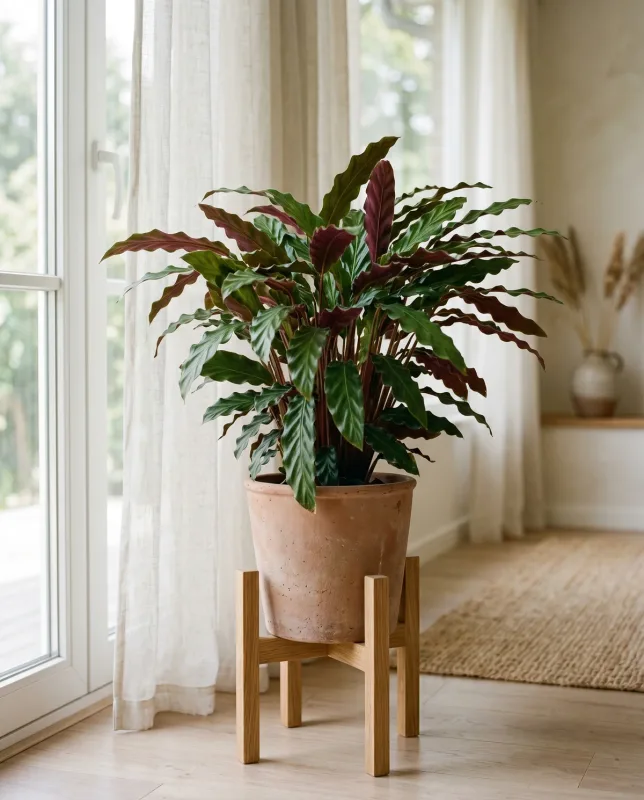 Calathea Rufibarba met smalle golvende groene bladeren en rossige onderkant