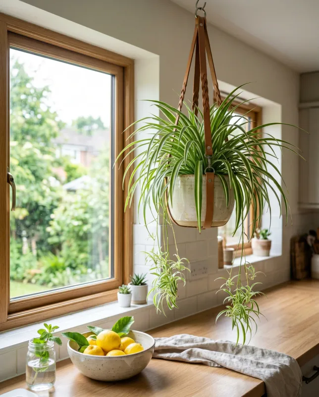 Chlorophytum comosum (graslelie) met groen-wit gestreepte bladeren en uitlopers