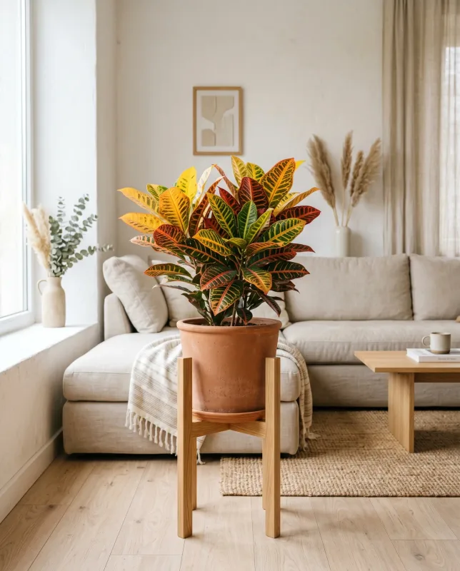Codiaeum variegatum (Croton) met felgekleurd blad in geel, oranje en rood