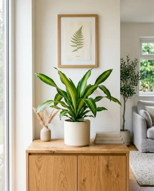 Dracaena Fragrans (maisplant) met brede gele-groen gestreepte bladeren