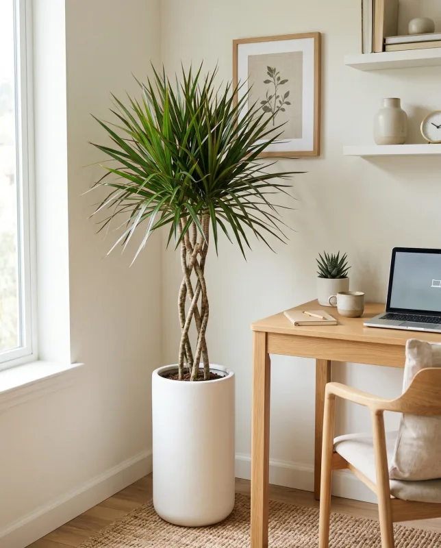 Dracaena Marginata (drakenbloedboom) met slanke stam en smalle bladeren met rode rand