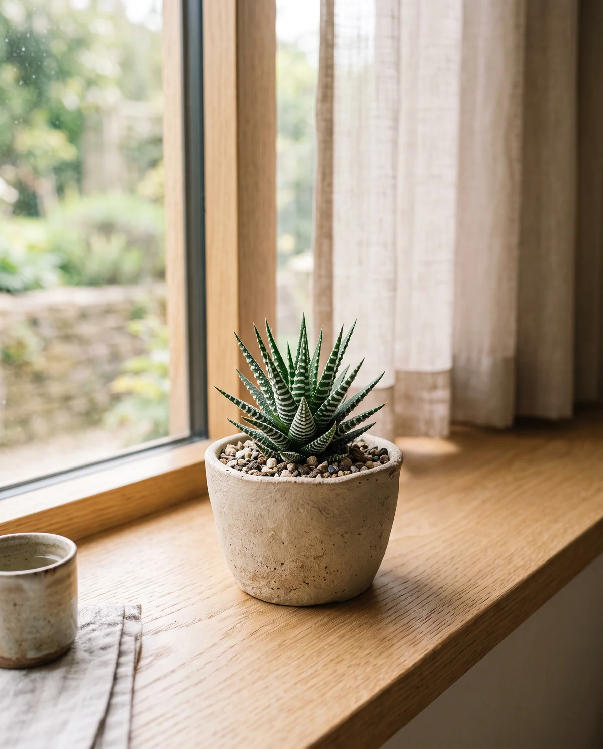 Zebra haworthia met een compacte rozet van puntige donkergroene bladeren met witte streepjes in een kleine pot