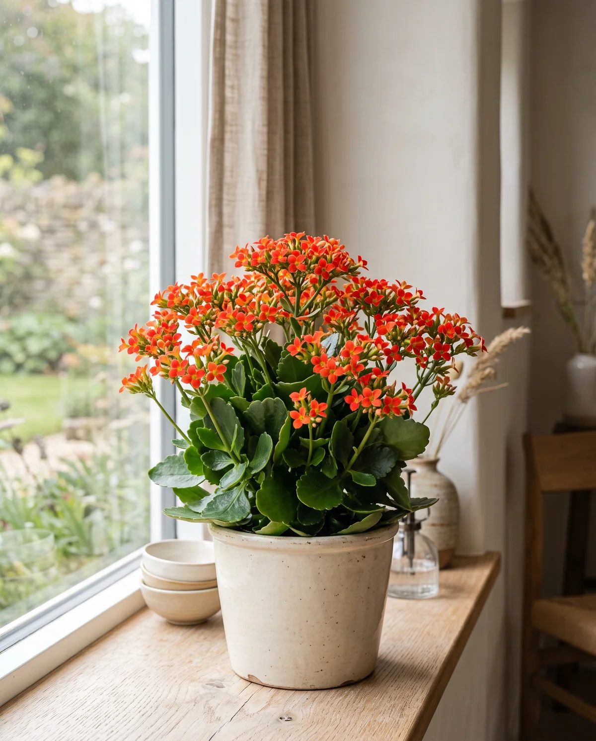 Bloeiende Kalanchoe blossfeldiana met trossen kleine oranjerode bloemen boven glanzend groen blad in een lichte pot