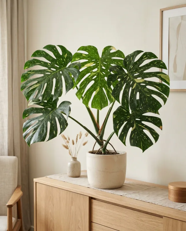 Monstera Thai Constellation met donkergroene bladeren en crèmewitte variegatie-spikkels