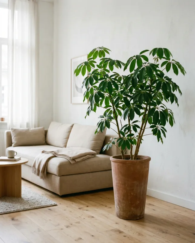 Schefflera arboricola (vingerboom) met handvormige groene bladeren