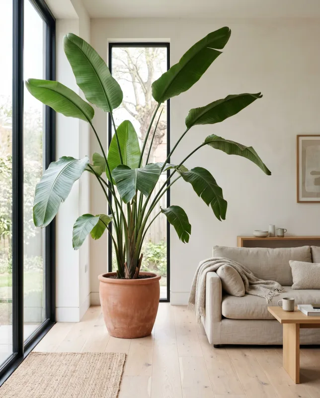 Strelitzia Nicolai met grote banaanachtige bladeren op lange stelen