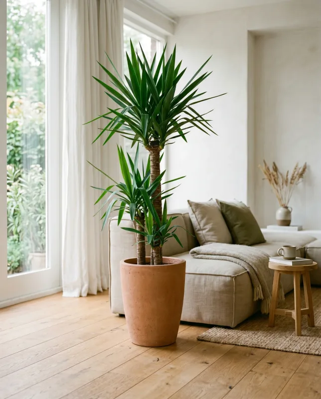 Yucca (Palmlelie) met zwaardvormige bladeren op houten stam